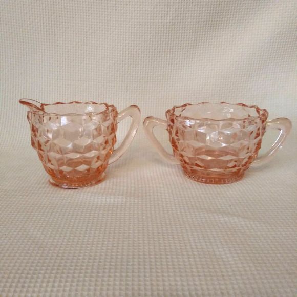Vintage Depression Era Jeannette Creamer n Sugar Bowl in "Cube Pink" - Picture 2 of 14